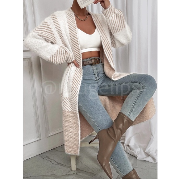 Fuzzy Longline Duster Cardigan Open Long Sleeve Colorblock White Beige - Picture 3 of 9